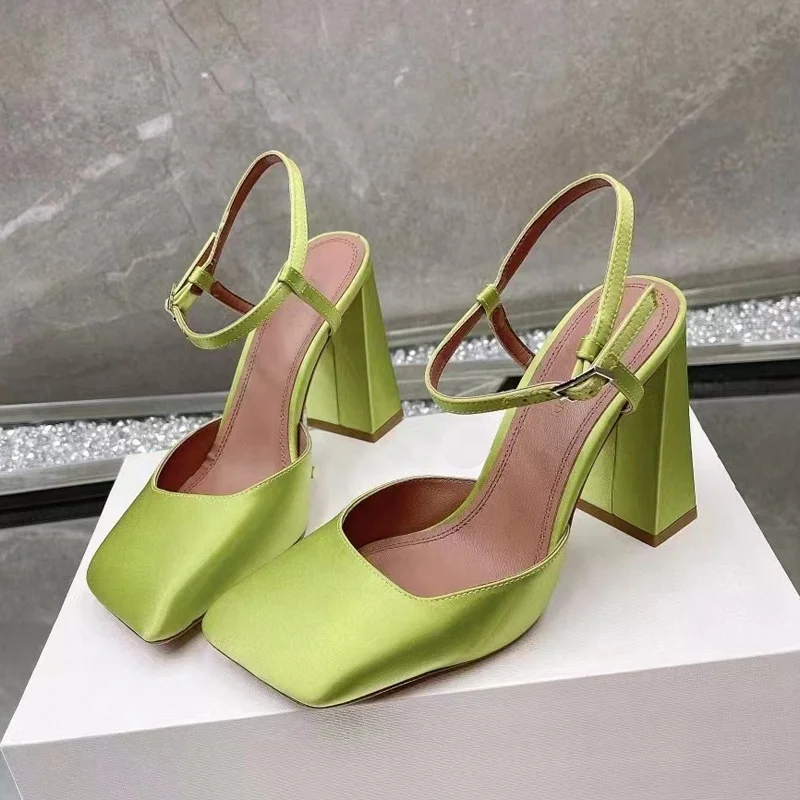 Large Size 45 Women Square Toe Rhinestone Mary Jane Sandals Candy Colors Banquet Party Chunky High Heels Wide Fit Satin Shoes