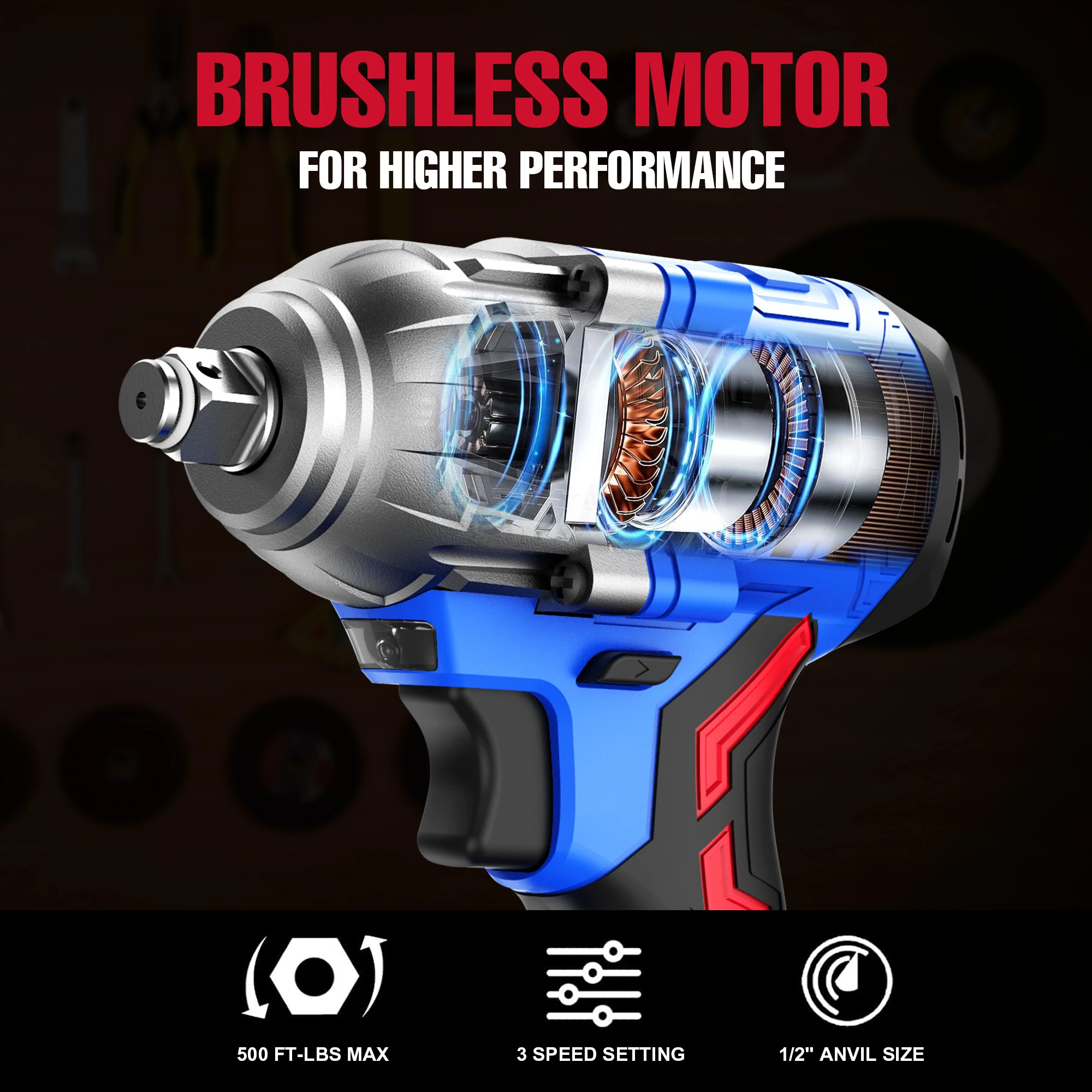 Hehui 20V 2.0Ah Battery Rechargeable Torque Industry Brushless High Torque 500N.M Electric Impact Wrench
