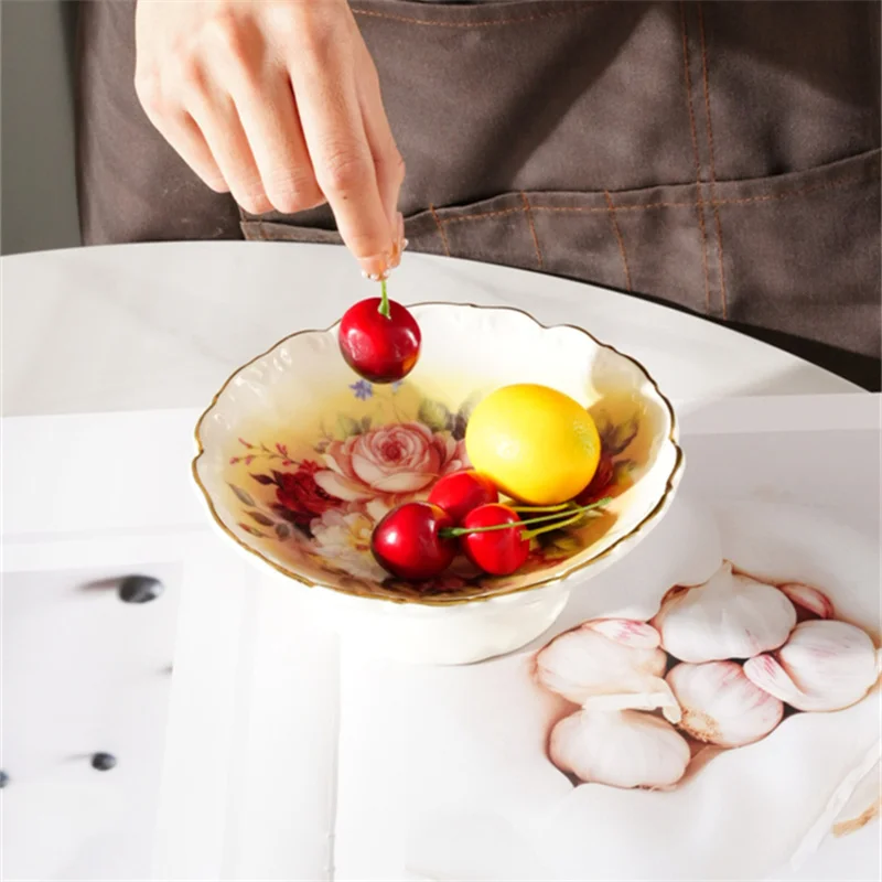 European style embossment gold rim dry fruit seving plate cake refreshments fruit dish luxury rose pattern white compote