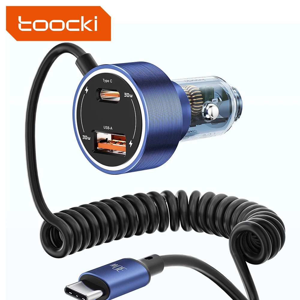 Toocki New Dual port Car Charger Adapter Fast Charging USB Type C PD 60W Spring wire supports fast charge