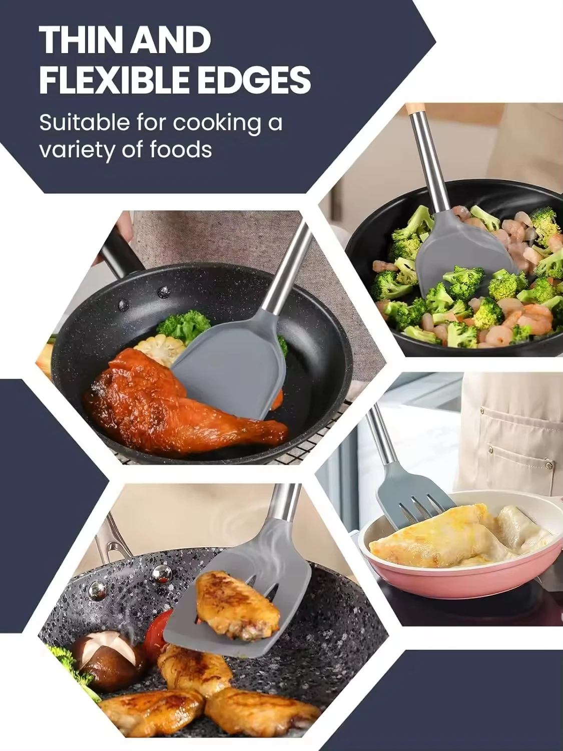 Wooden Handle Non Scratch Flipper Heat Resistant Flexible Small Kitchen Turner Silicone Cookie Shovel for Nonstick Cookware