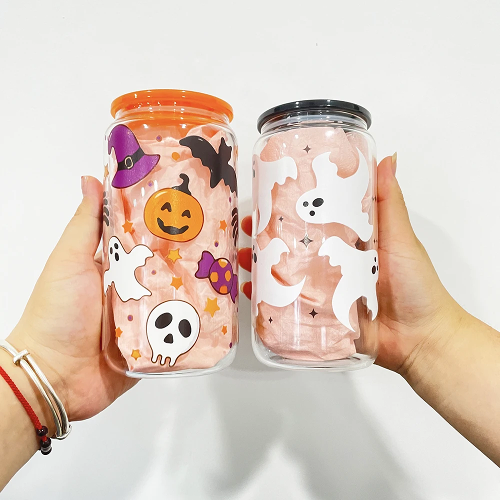 Ready To Ship Borosilicate Glass Pumpkin Ghost Spider Web Printed Glass Can  For Halloween Gift