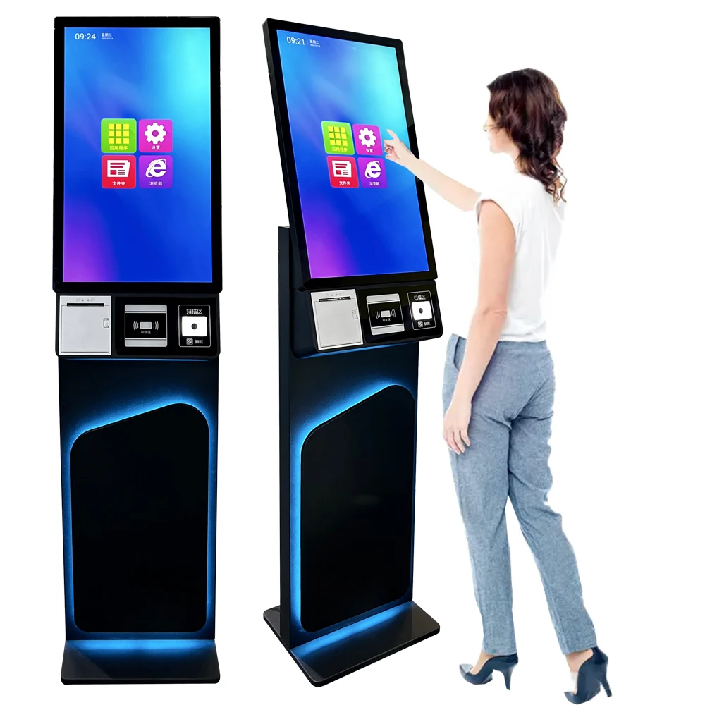 27 inch indoor all in one pc kiosk stand touch screen self service food ordering with QR thermal printer POS Pay for hotel