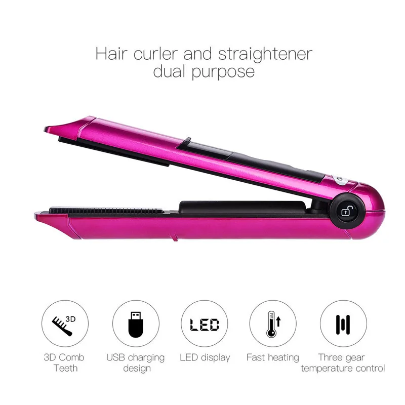 Pritech Women USB Rechargeable Cordless Hair Straightener Temperature Display Manufactory Portable Mini Wireless Flat Iron 30pcs