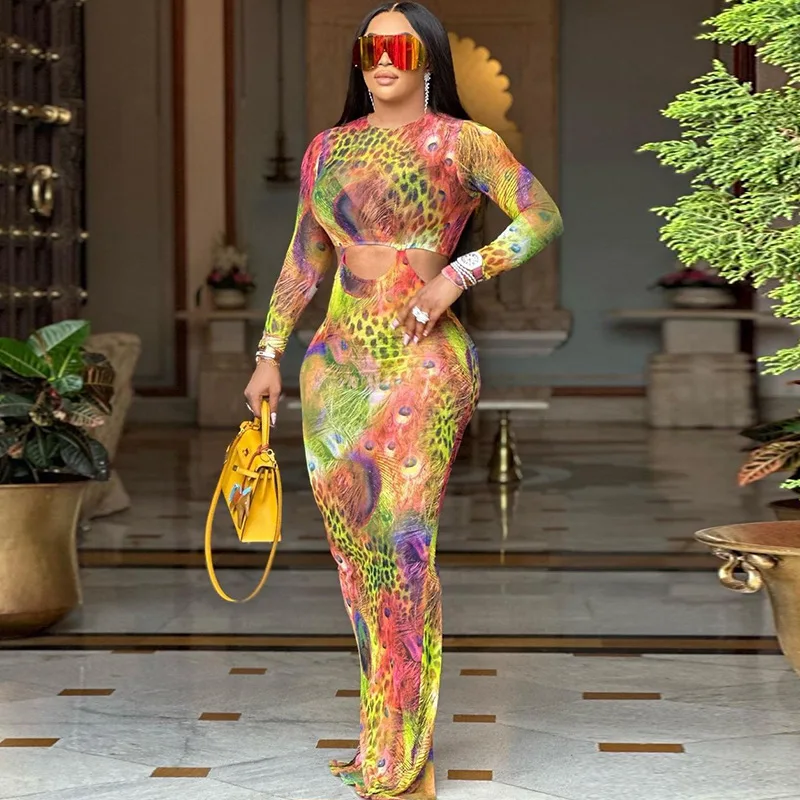 2023 sexy lady dresses style with phoenix tail printed women sweater club Tight fitting long bodycon dress