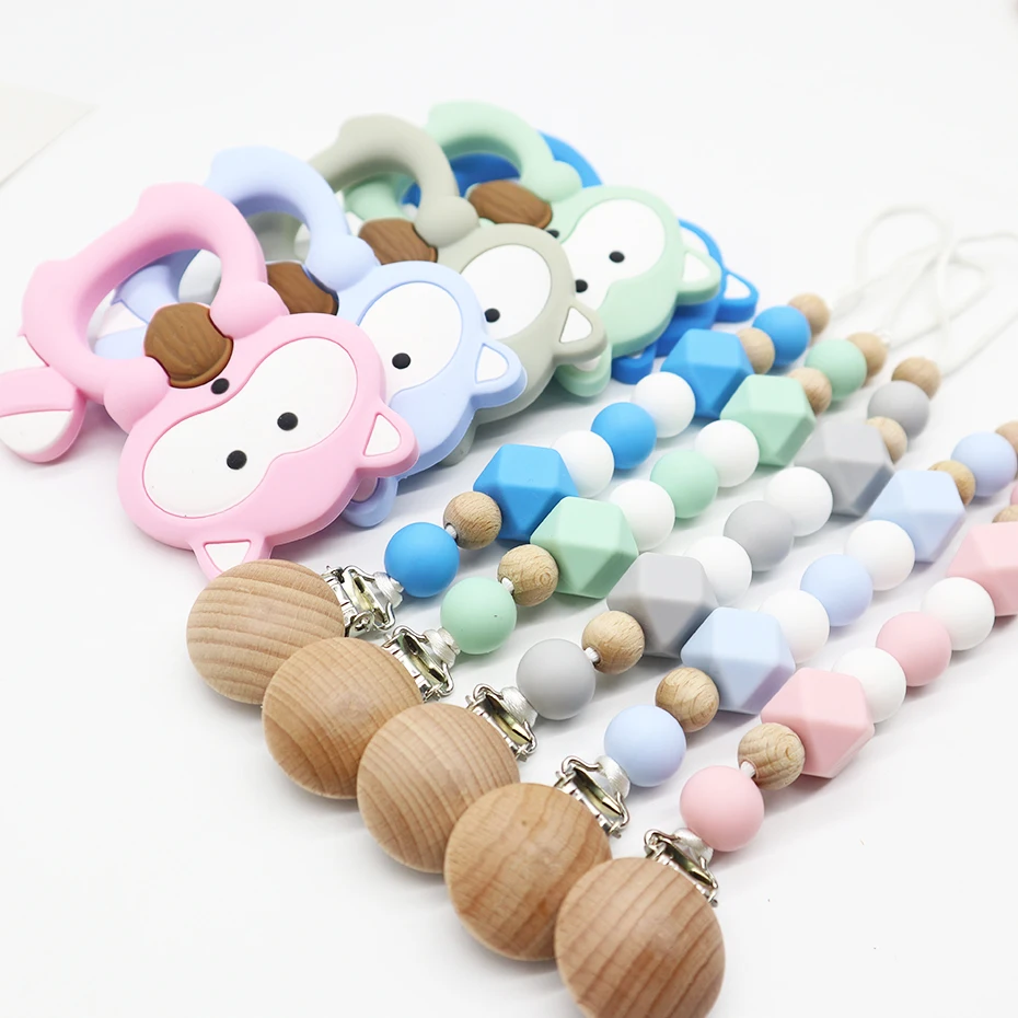 Popular Silicone Beaded Soother Packaging Baby Wooden Pacifier Chain Chewable Clip Dummy Holder