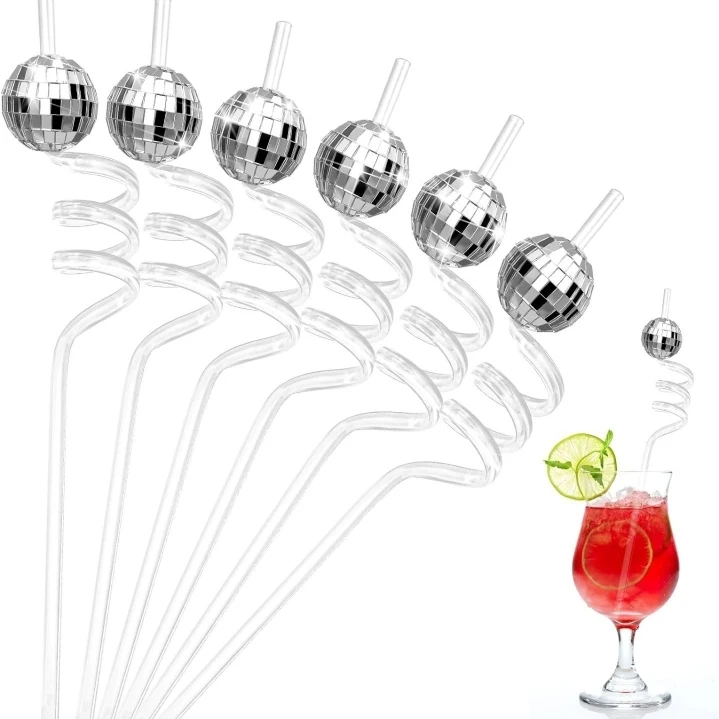 Plastic Glitter Disco Mirror Ball Straws Party Decorations Transparent Straws Ornaments Disco Ball Stirrers Cocktail