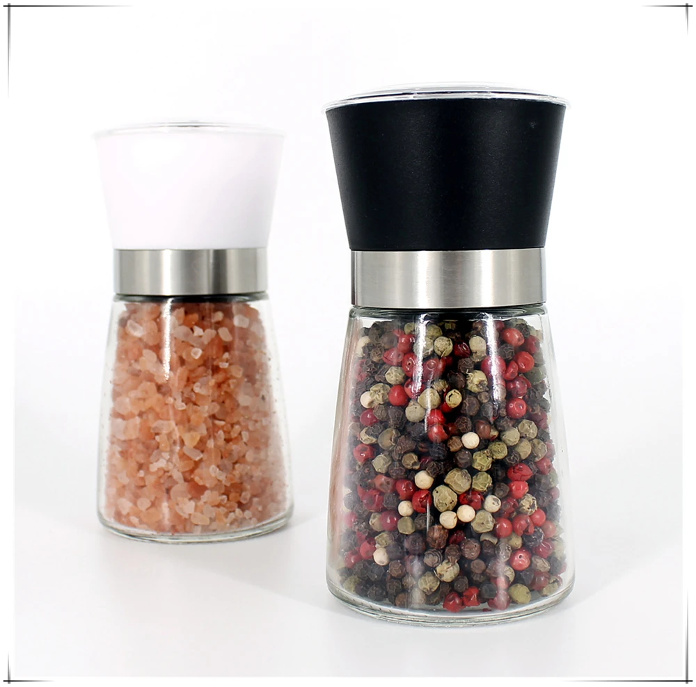 Home Use Manual Salt and Pepper Mill Grinder Set Glass Bottle with Ceramic Core round Pattern Plastic Pepper Grinders