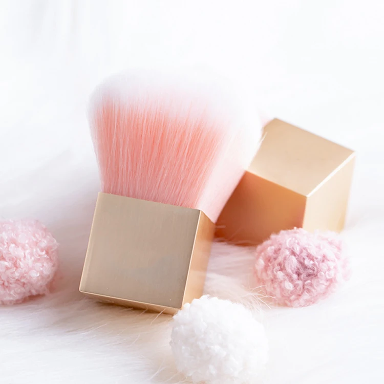 New Style Single Gold Powder Kabuki Makeup Brush with Mushroom Shape and Ultra Soft Pink Fiber Blusher Powder Cosmetic Brush