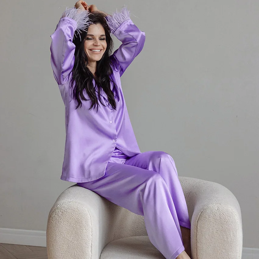 Autumn 2023 New arrivals Wholesales women pajamas with feather long sleeve satin loungewear set