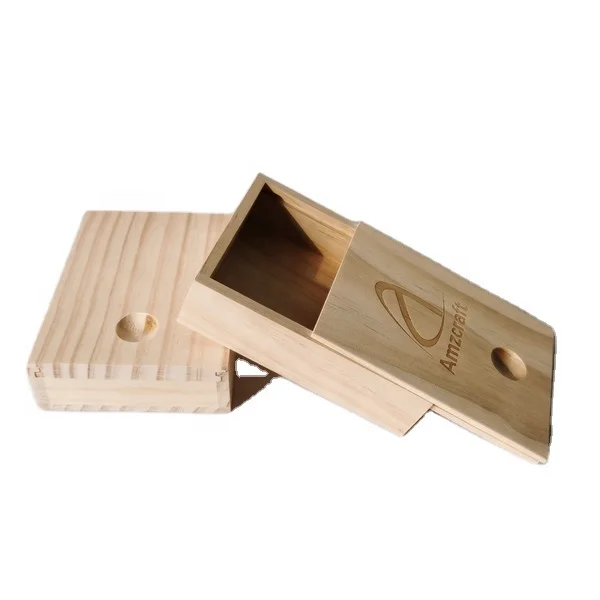 Small Size Natural Wood Christmas Storage Box Memory Picture USB Flash Drive Stash Pine Sliding Lid
