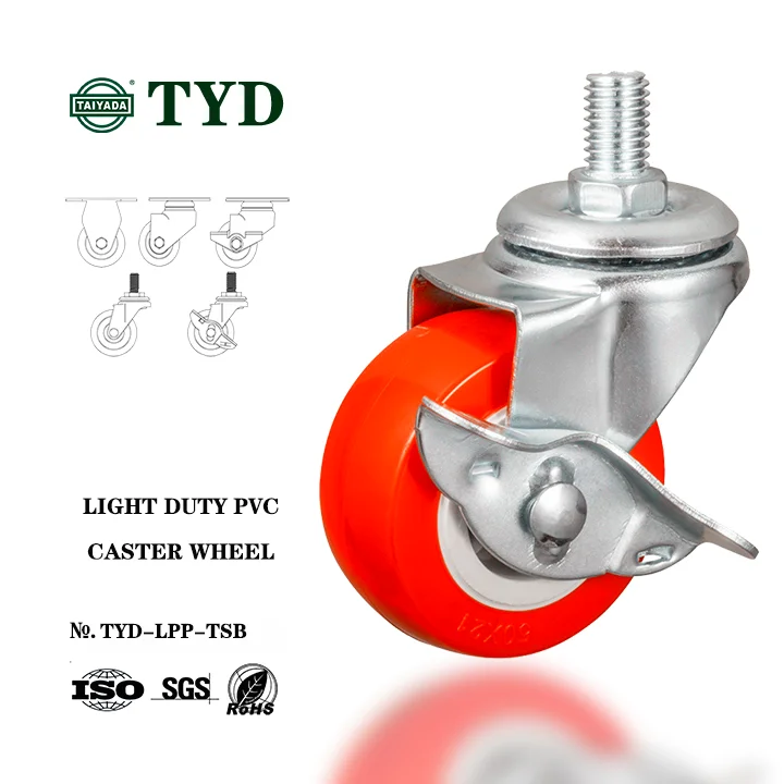 plastic caster wheel 25/32/38/50/63/75mm PVC caster wheel manufacturer threaded stem with brake style for furniture and shelves