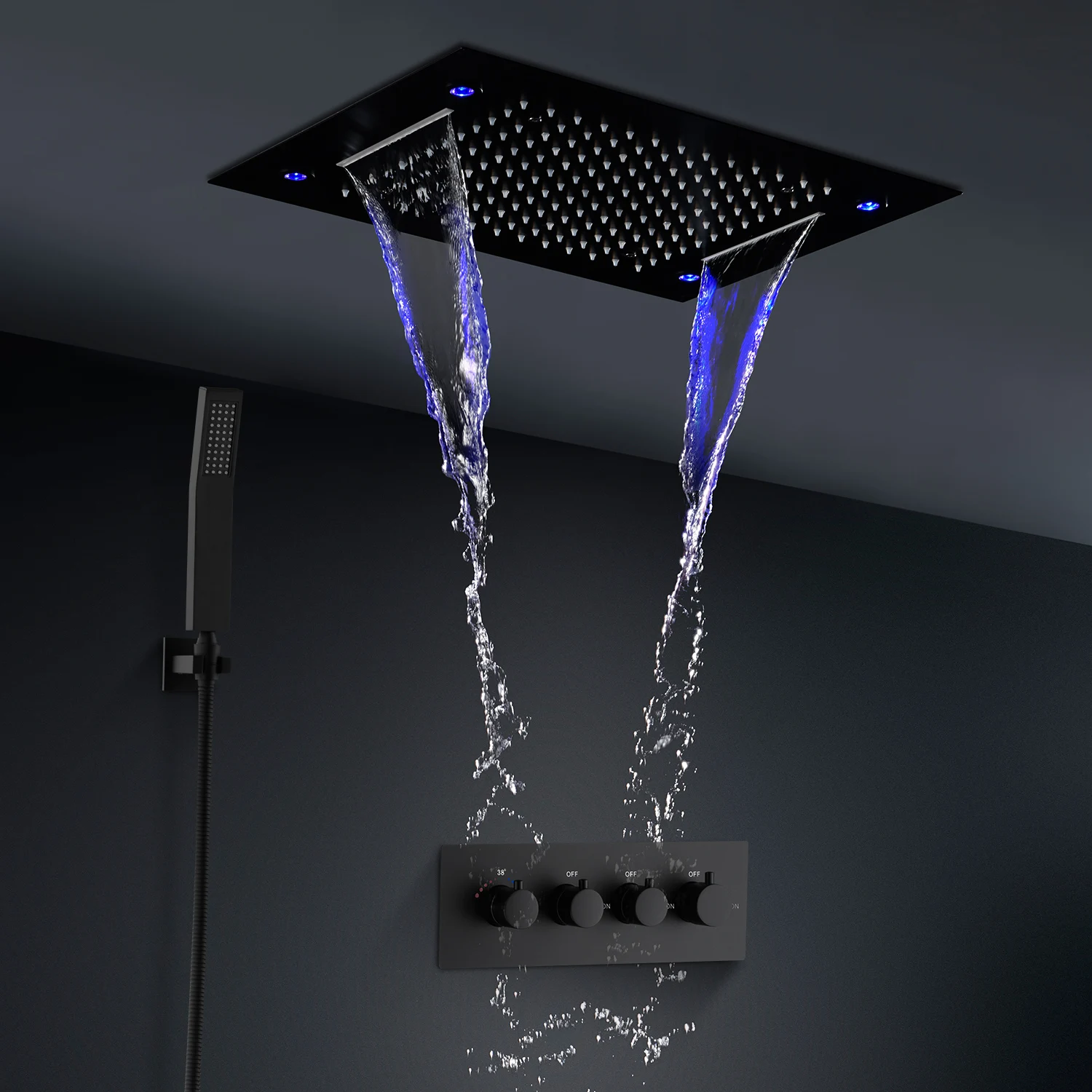 black 360x500 mm led ceiling Rainfall Shower head waterfall Ceiling recessed Thermostatic shower