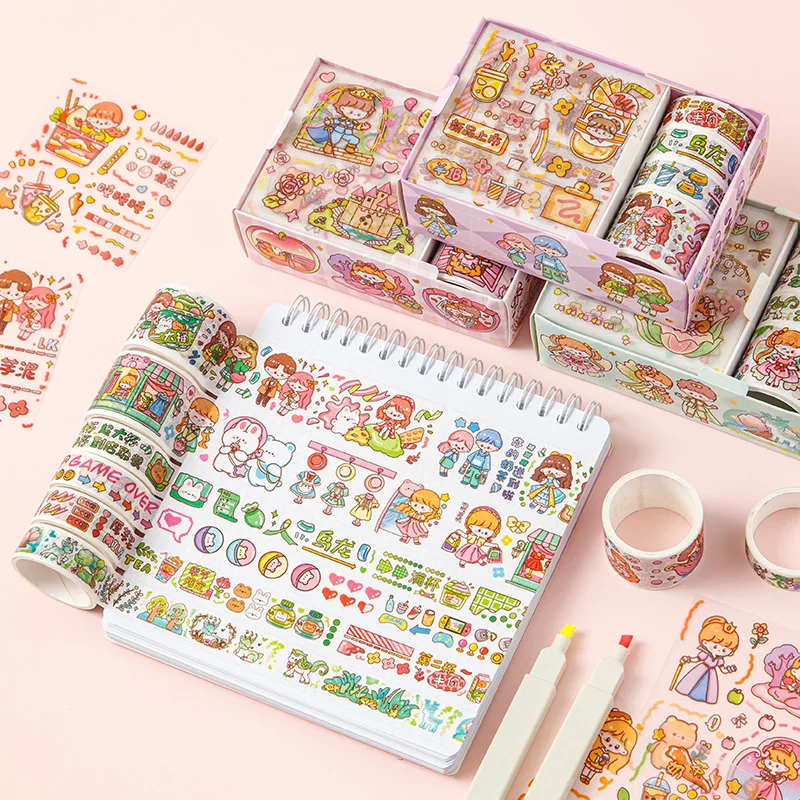 New Arrival  Girl Cartoon Cute 4 Tapes 4 Stickers Set Tape Sticker Stationery DIY Decorative Tape Sticker Set