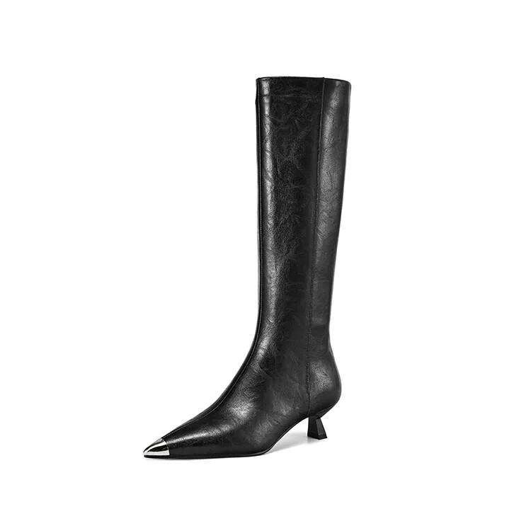fashion trend women genuine leather pointed toe metal on the cap long knee high low stilettos heels boot