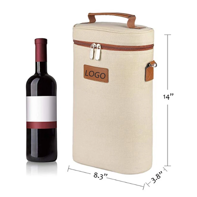 Custom 2 Bottles Christmas Insulated Carrier Leather Tote Canvas Travel Padded Sublimation Portable Reusable Ice Wine Cooler Bag