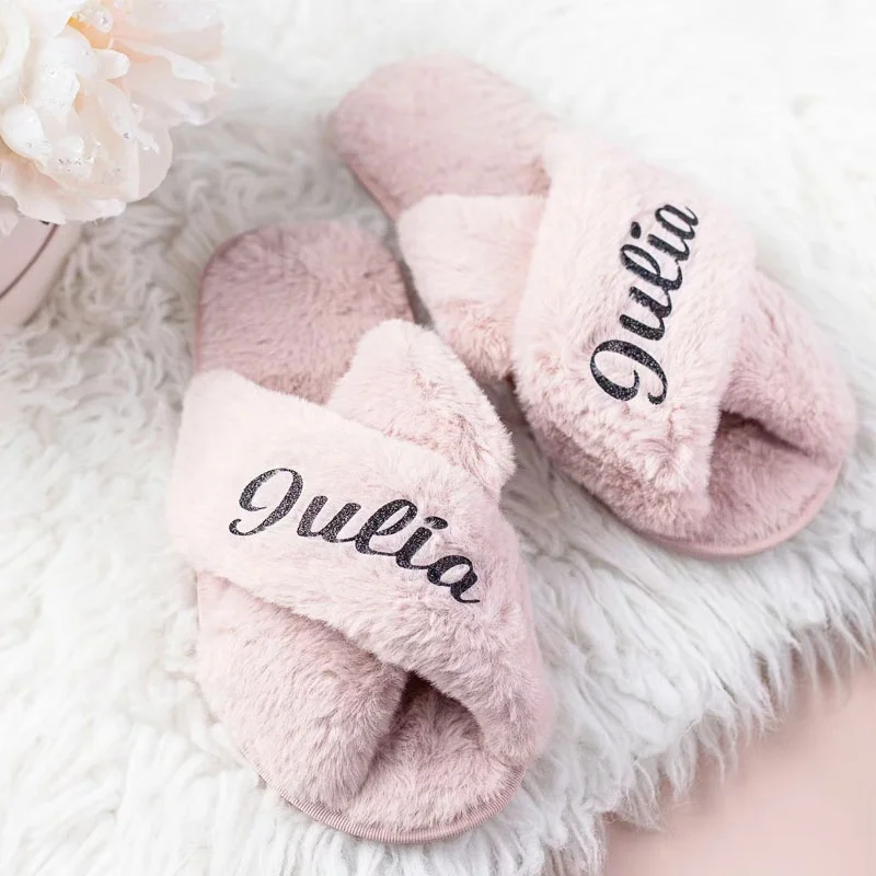 Customized Glitter Text  Plush Flurry Slippers For Wedding Bride Bridesmaid Proposal