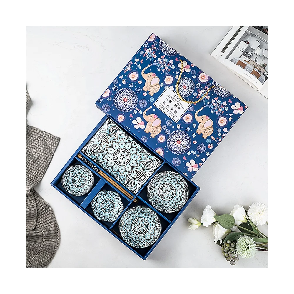 Blue gift box 7-piece Japanese ceramic Tableware 8-inch sushi plate bowlsauce plates and chopsticks set with exquisite gift box