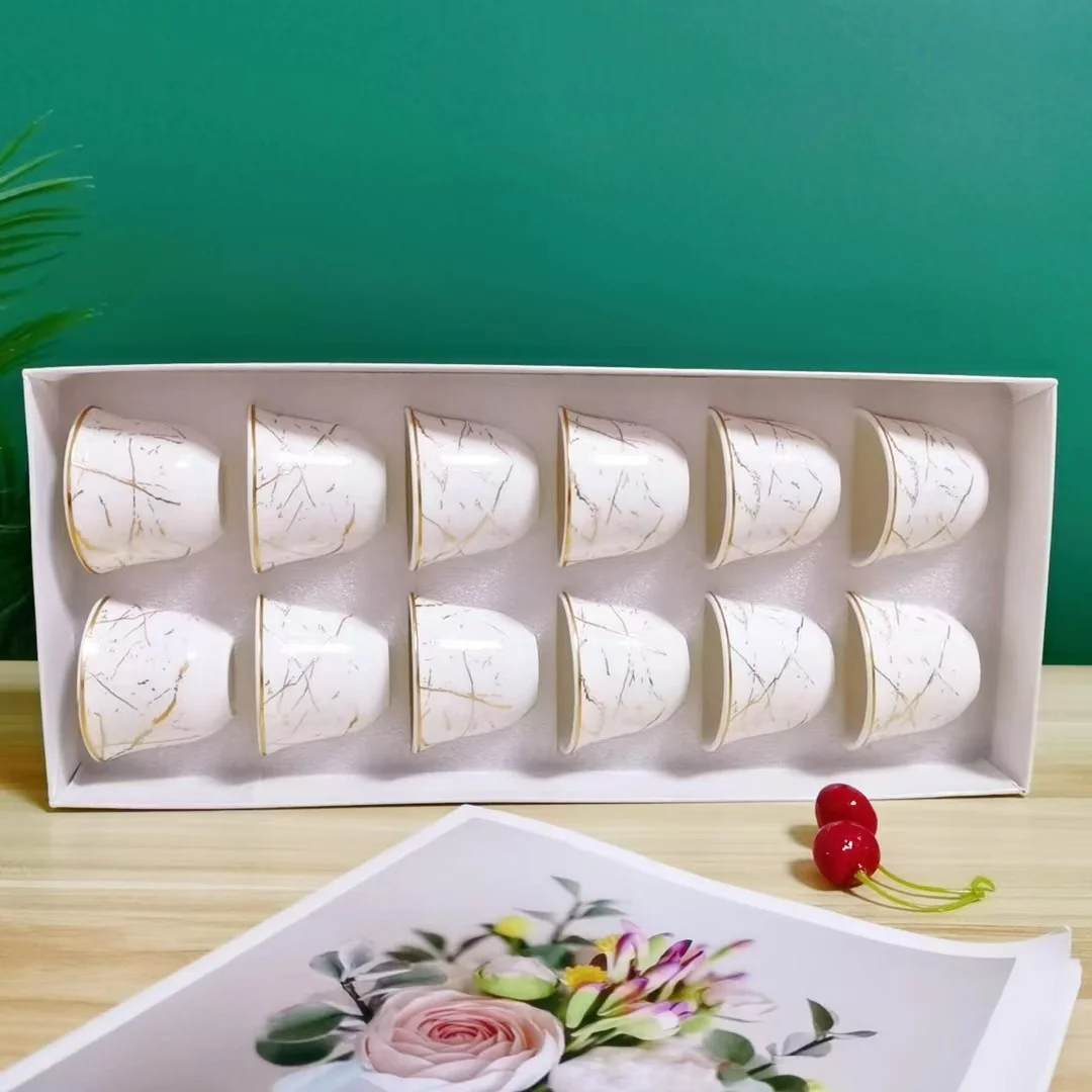 Gold Rim Gift Box Packaging New Bone Material Fancy 12 Pcs Porcelain Saudi Arabic Coffee Cups Cawa Cup Set