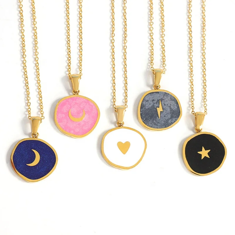 18K Gold Plated Stainless Steel  Enamel Irregular Medal Coin Pendant Simple Moon Star lightning Five Pointed Star Heart Necklace