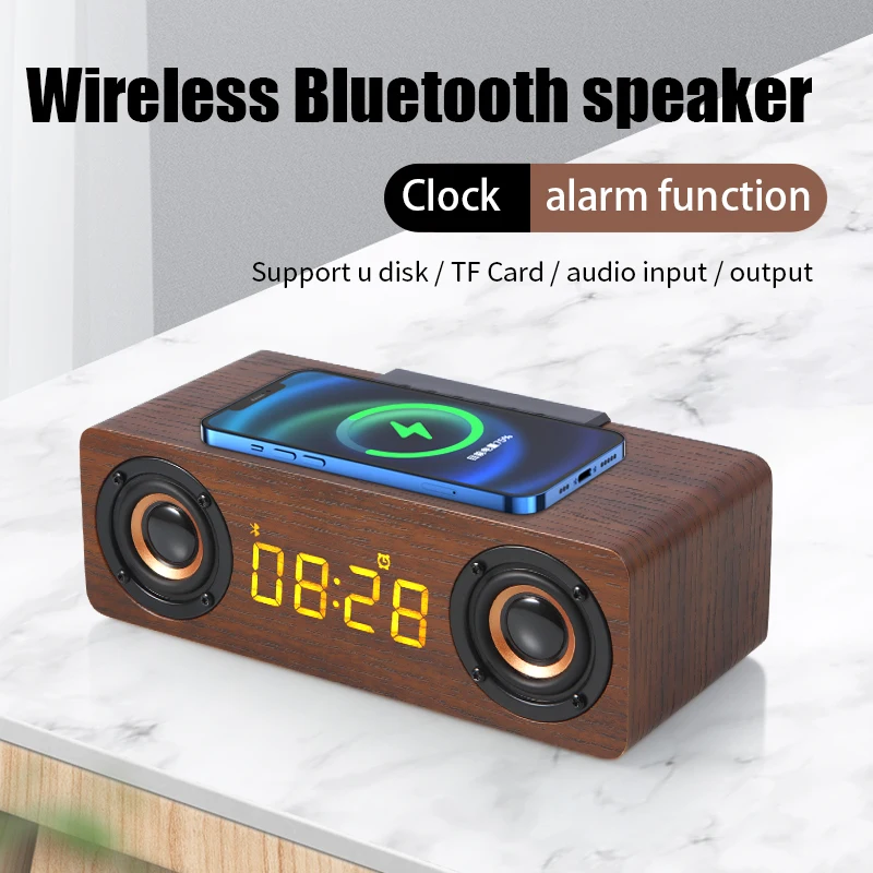 Custom Hifi Surround sound Wooden wifi speakers Bass Smart 5.1 BT Wood Wireless Speaker with alarm clock and wireless charging