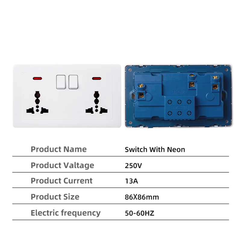 Factory Modern Office UK Double 3 Pin Electrical Wall Socket And Switches With Neon