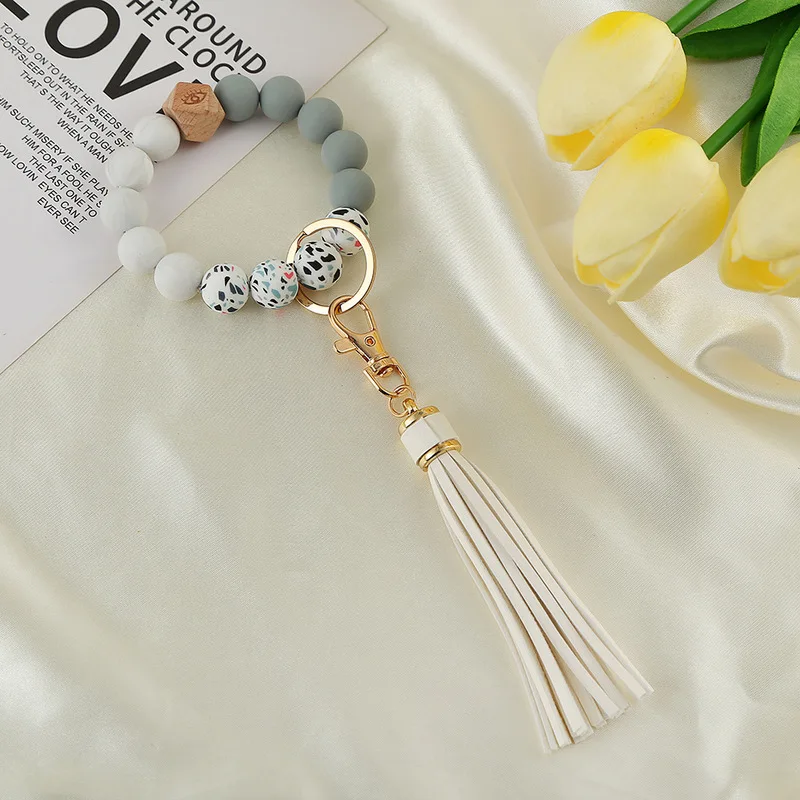 Bridesmaid Gift Hands Free Trendy Round Bracelet Wristlet Custom Name Silicone Beaded Wristlet Keychain