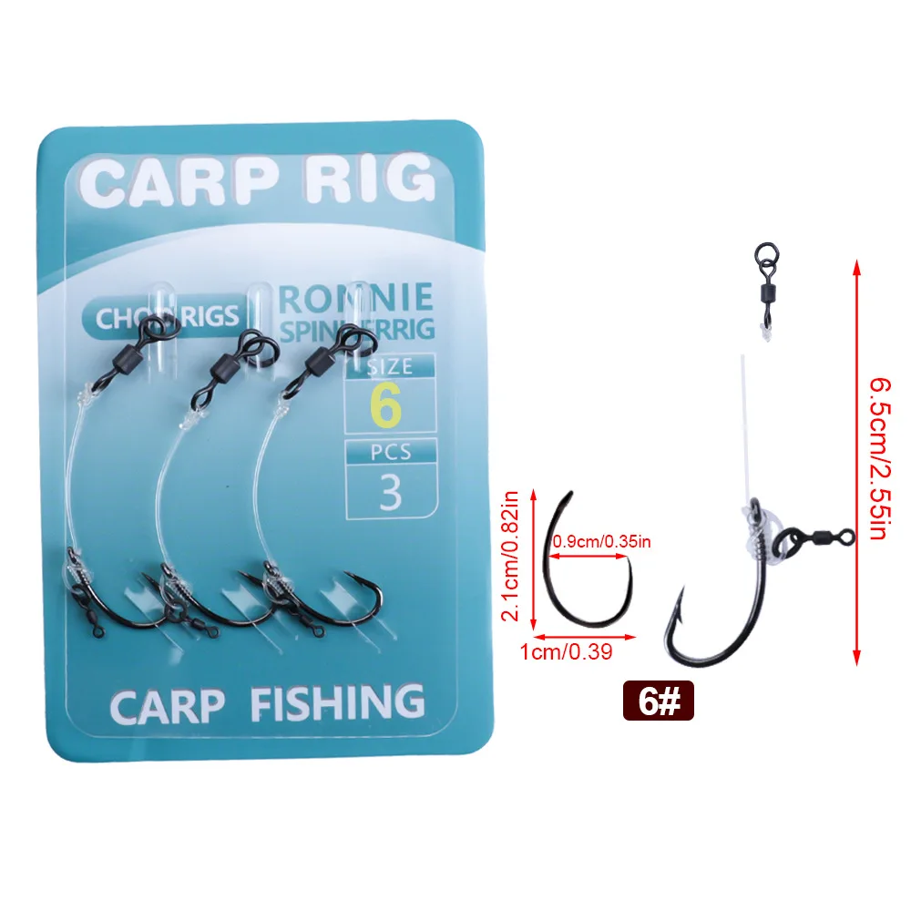 New 3set/pack Hand Made Carp Fishing Carbon Line Hooks Rigs Set Barbless Hook Size 2#/4#/6#/8# Link Swivels Boilie Bait Ring
