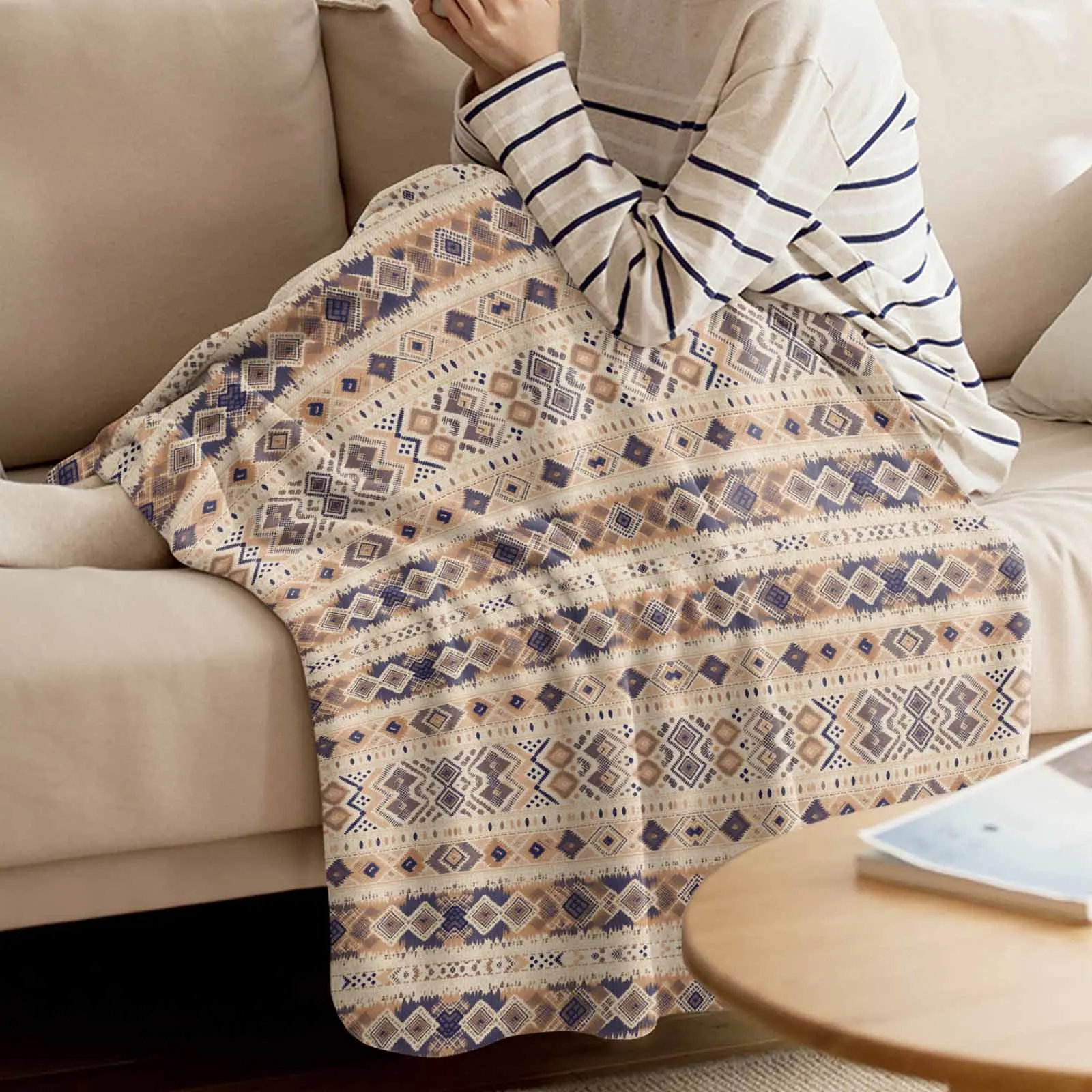 Beige Southwestern Native Tribal American Geometric Vintage Flannel Soft Blanket Cover for Couch Chair Bed Outdoor Travel