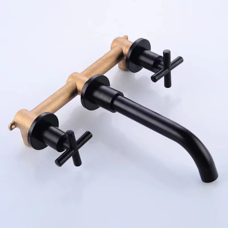 Luxury Europe Matte Black Dual Handle Wall Mounted Washroom Sink Tap Brass Hot Cold Mixer Basin Faucet