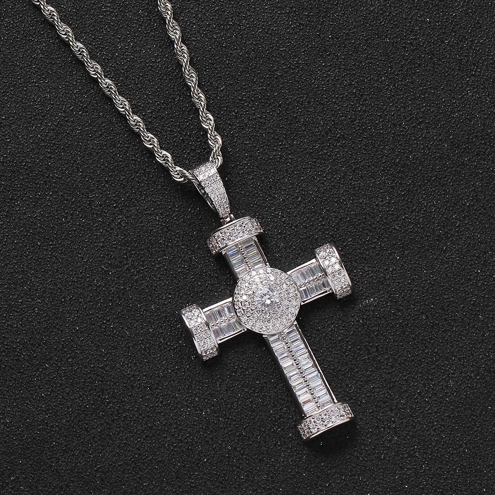 Hip Hop CZ Baguette Cross Disc Charm Necklace Pendant Gold Plated Brass Metal Iced Out Cross 2 Layers Zircon Diamonds Pendant