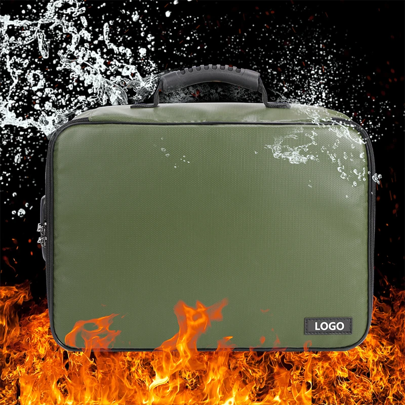 Custom Logo Multi-Layer Portable ArmyGreen Waterproof Fireproof Safe Document Bag Box Document Organizer with Lock