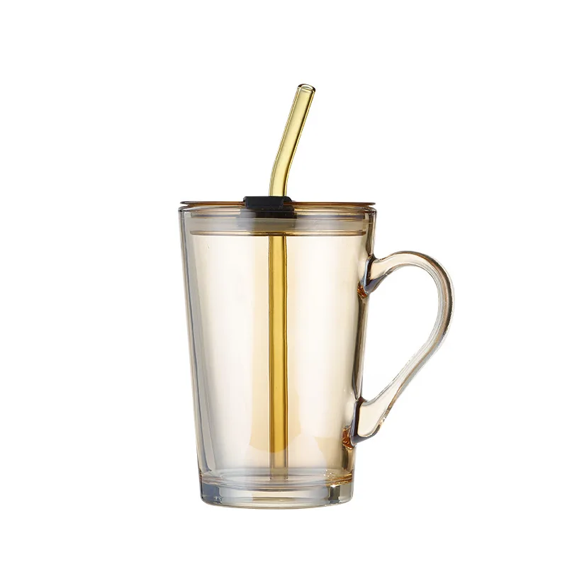 High temperature resistant crystal white material glass water cup fashion handle cup straw cup
