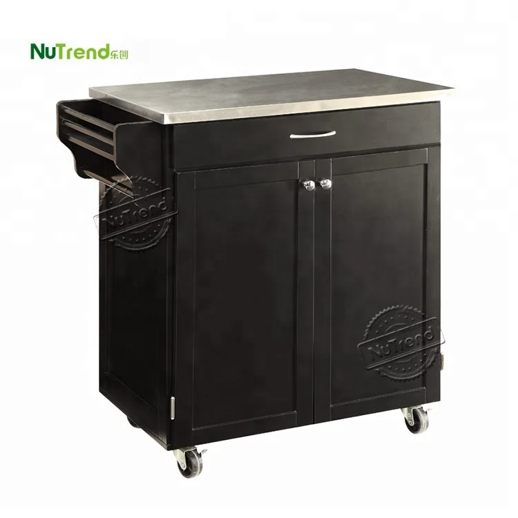 Customized Stainless Steel Top Modern Black Design Wooden Kitchen Cart with Drawer Mobile Storage Cabinet Trolley with Wheels