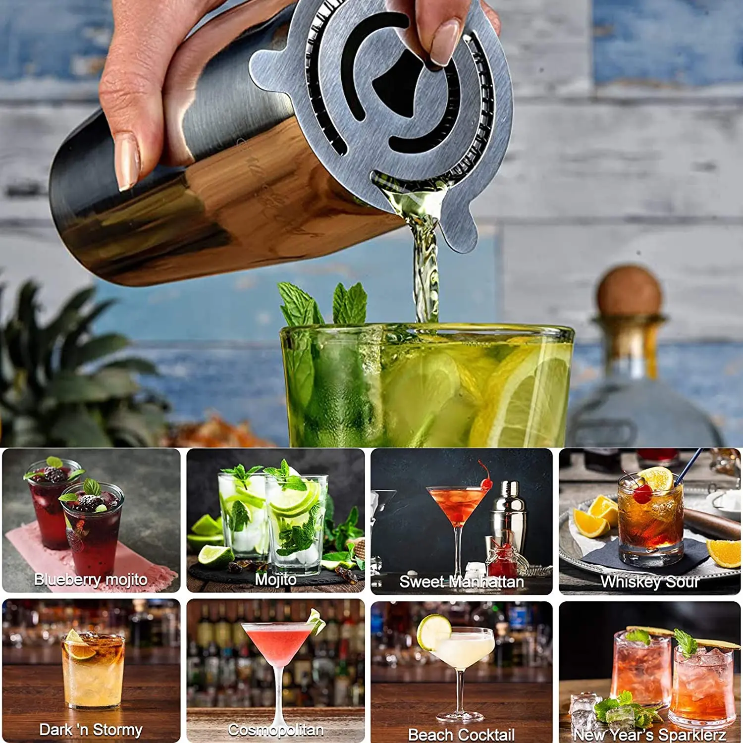 Custom 7-piece Professional Cocktail Shaker Making Bar Sets With Bamboo Stand Stainless Steel Bartender Kit Bar Tool