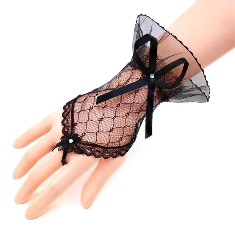  Women Bridal Wedding Short Fingerless Gloves Rhinestone Bowknot Sheer Mesh Lace Gauze Bridesmaids Sunscreen Hook Finger Mittens