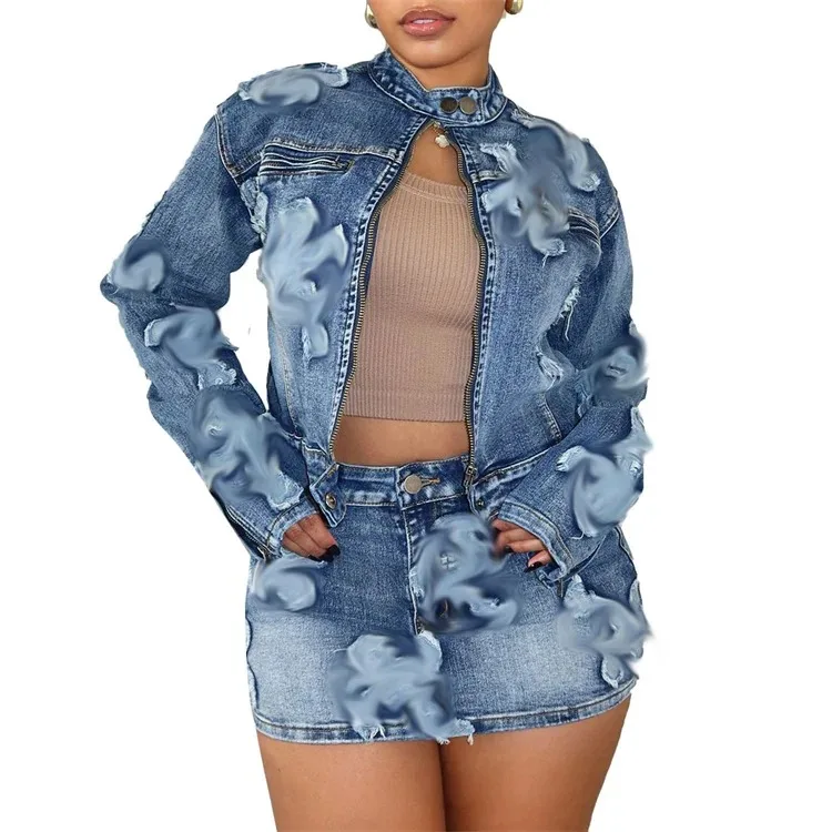 2023 Denim Two Piece Set for Women Zip Up Crop Jacket and Mini Skirt Fall Bodycon Outfits