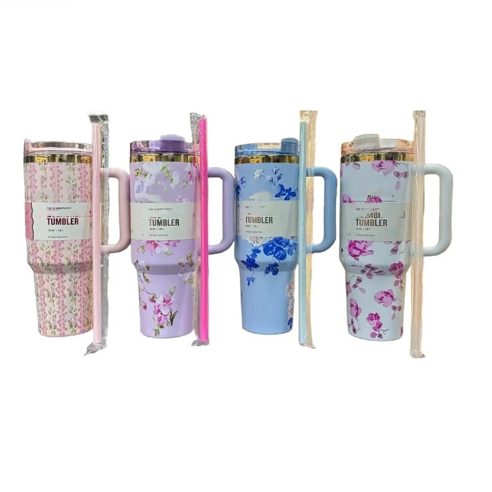 Flowers designs 40oz  water mug cups with straw designer 40 oz  straw cup tumbler