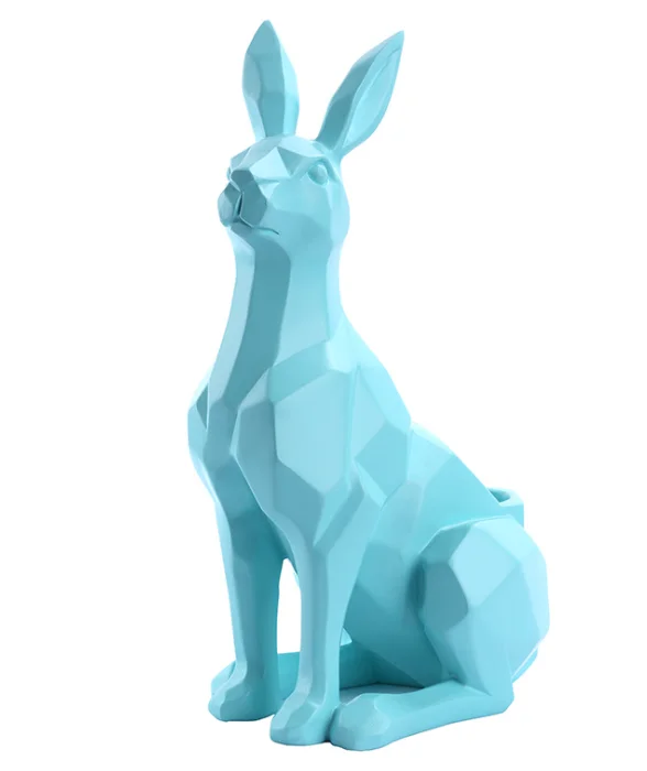 Abstract Resin Home Decoration Sculpture  Faceted Rabbit Pencil Holder Statue Ornaments Handcraft Light Blue  Color