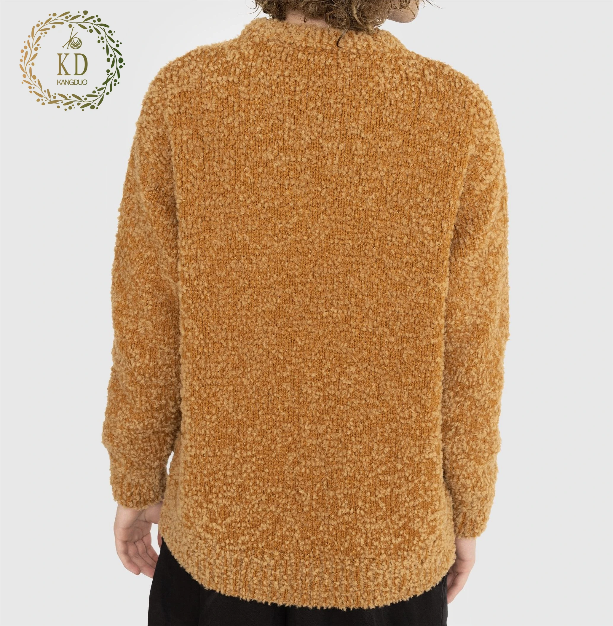 KD Knitwear Manufacturer Custom OEM ODM Designer Long Sleeves Crew Neck Pullover Boucle Yarn Knit Wool Blend Men Sweater