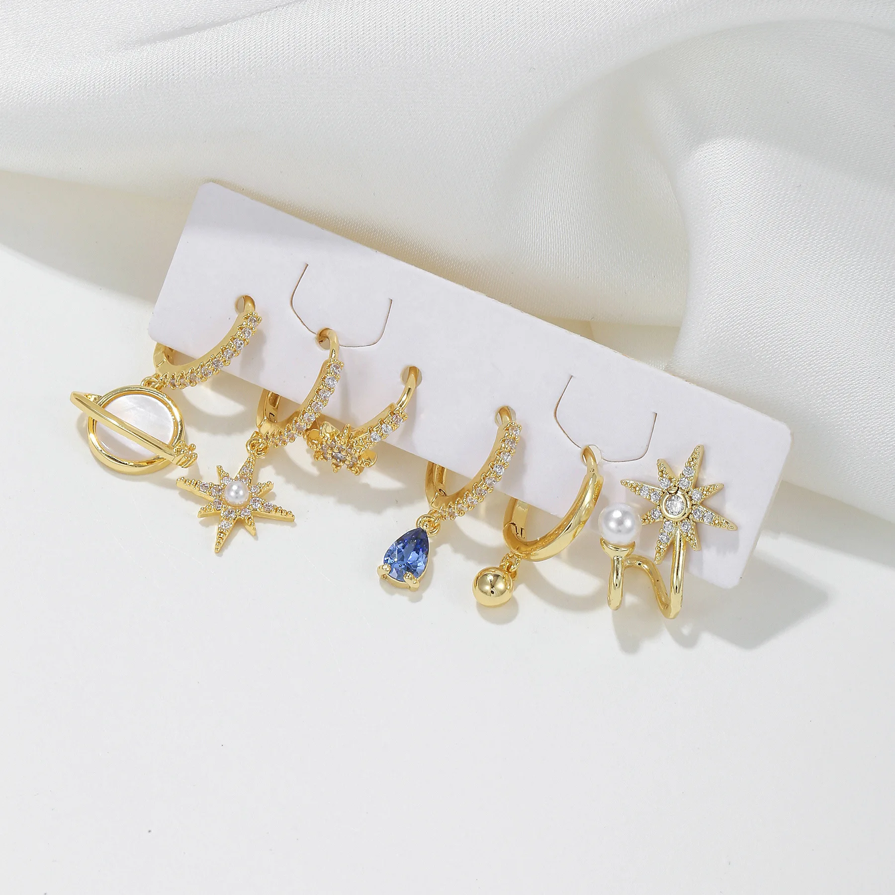 Stars moon geometric Pearl earrings Colored zircon ear buckle 18k gold handmade charm huggie hoop earrings bridal jewelry