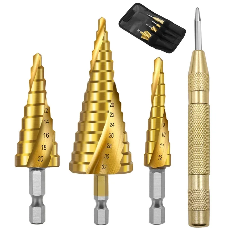 4pcs Spiral Groove Pagoda Hole Milling Cutter Step Cone Drill Bit Set 4-32mm HSS Step Drill Bit With 1pcs Center Punch