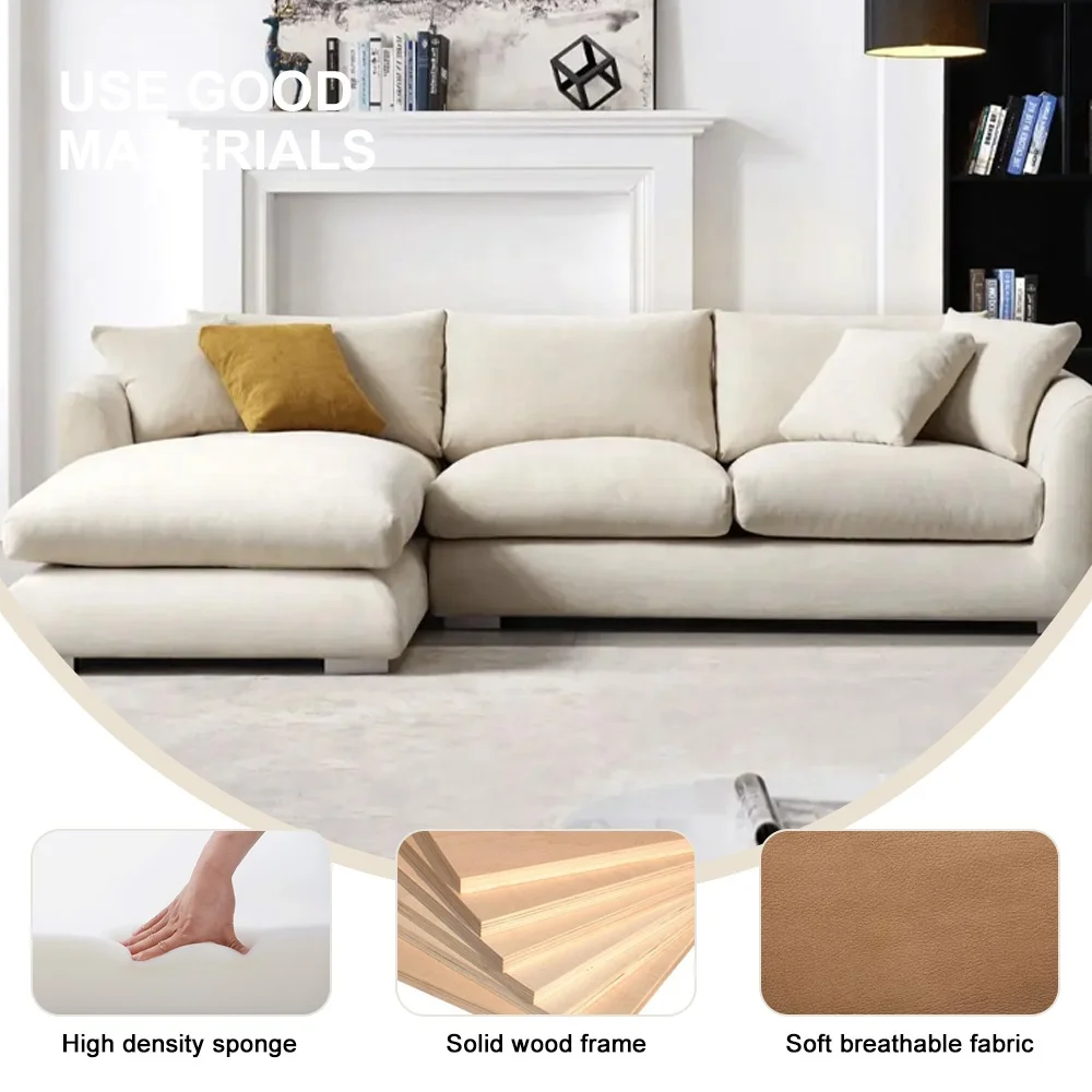 Modern Home Living Room Sofa Set Furniture White Linen Feather Cream Beige Fabric L Shaped Corner Modular Couches Sectional Sofa