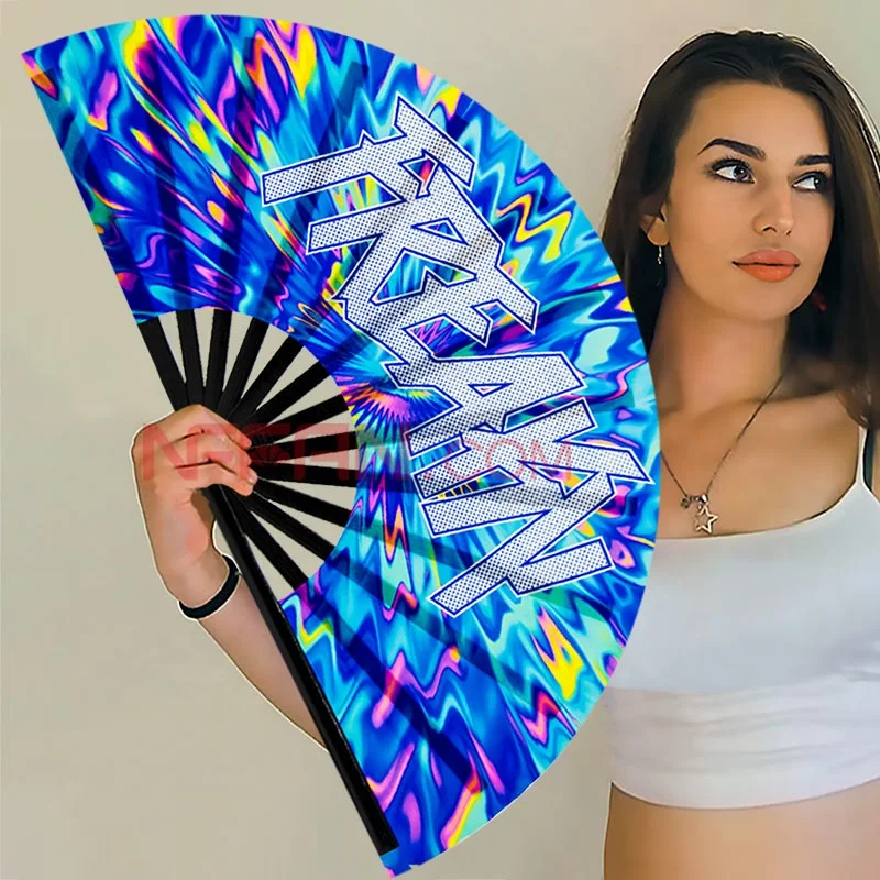 Custom Printed UV Reflective Large Clack Folding Bamboo Rave Decorative Hand Held Fans as Women Festivals Parties Accessories