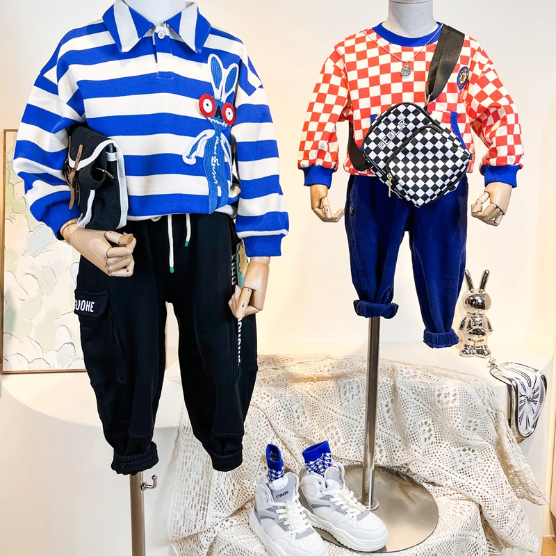 Best Selling Boys Suit High Quality Kids Wear Striped Polo Shirt Plaid Hoodie Pants Boy Casual Clothes Children Sports Shoes