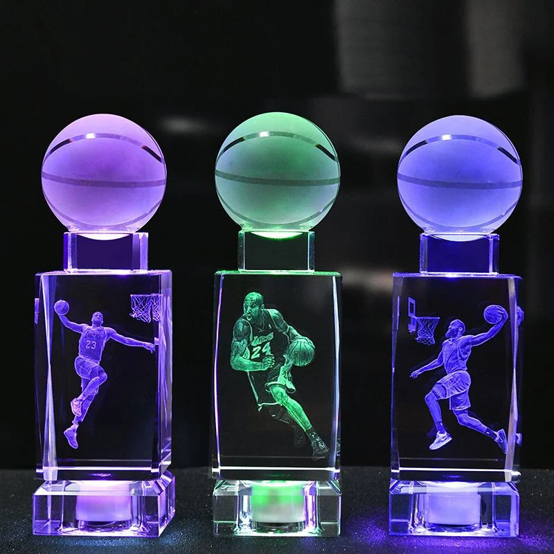NBA Star Figure Trophies Cup Professional Custom Crystal Block 3D Laser Photo Soccer Basketball Crystal Trophy with Light Base