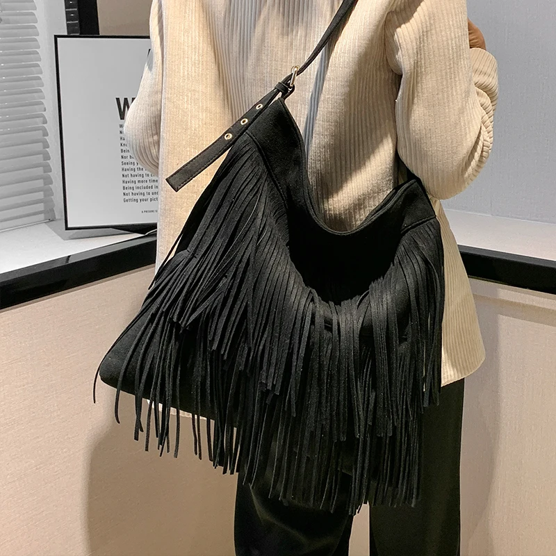 Women Vegan Suede Fringe Tassel Shoulder Purses Messenger Bag Hippie Cross Body Leisure Hobo Tote Bag