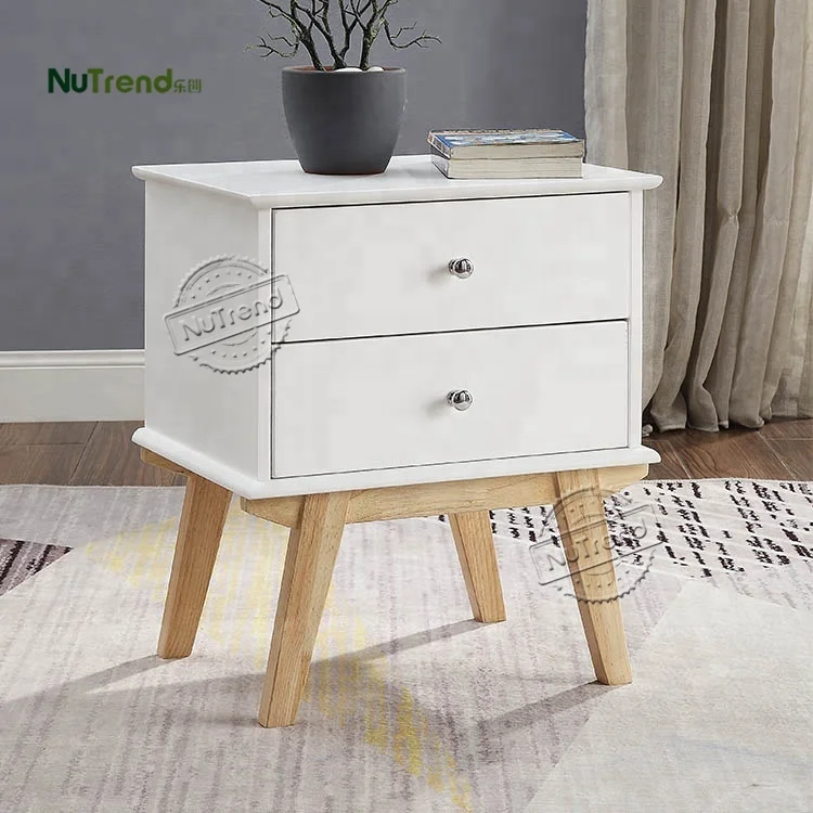 Nordic Narrow White Modern Wood Living Room Sofa Side End Table with 2 Drawers Mid Century Retro Bedroom Night Stand Table