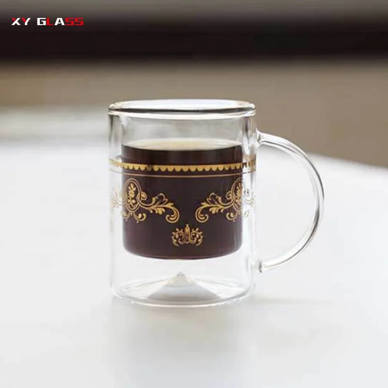custom golden logo handmade double wall thermo glass coffee beverage tea mug