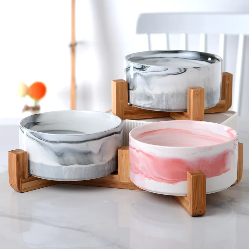 Jade-cer Wholesale Marbling Ceramic Pet Dog Cat Food And Water Bowl With Wooden Frame Stand